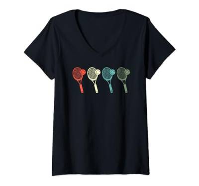 Damen Buntes Tennisspieler-Trainer, Retro-Tennis T-Shirt mit V-Ausschnitt von Colorful Tennis Player Design