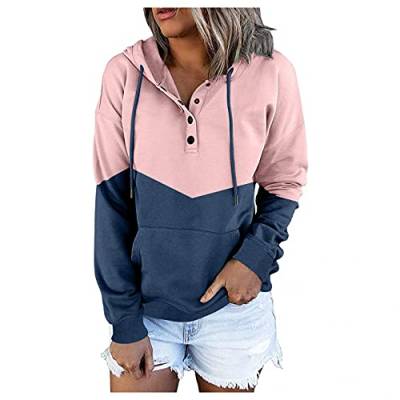 Copelsie Pullover Damen Herbst, Hoodie reißverschluss, Strickjacke lang, Kapuzenpullover Kontrastfarbe Sweatjacke Langarm Freizeit Oberteile mit Reißverschluss aus Baumwolle, Z11-rosa, XXL von Copelsie