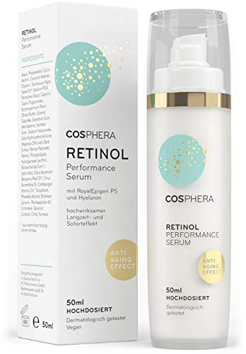 Cosphera - Retinol Performance Serum 50 ml - mit Hyaluronsäure - veganes hochdosiertes Konzentrat Gel für Gesicht, Hals- Anti-Falten Feuchtigkeitsbehandlung für Frauen und Männer von Cosphera