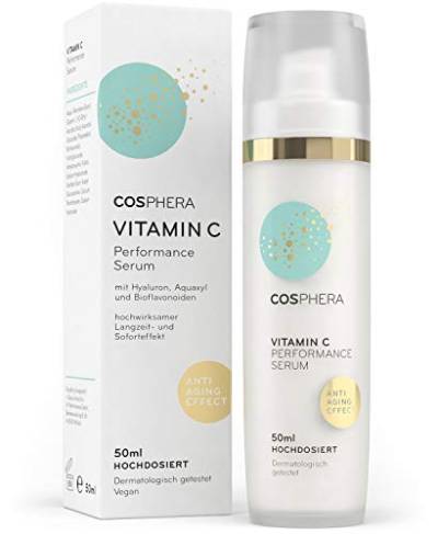 Cosphera - Vitamin C Performance Serum hochdosiert 50 ml - Vitamin C Konzentrat Gel mit Hyaluronsäure für Gesicht, Hals und Augen - Vegane Anti-Falten Feuchtigkeitsbehandlung für Frauen und Männer von Cosphera