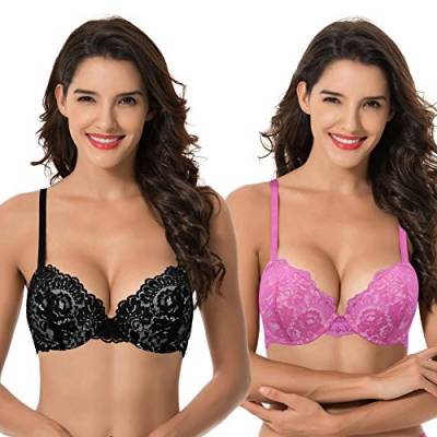 Curve Muse Damen Bügel Übergröße Hochdrücken Fügen Sie 1 und eine halbe Tasse Spitzen-BHS hinzu-2er Pack-Heisses Rosa,Schwarz-110C von Curve Muse