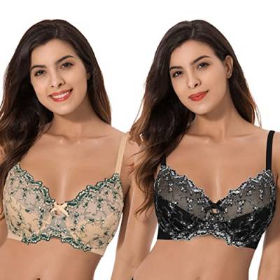 Curve Muse Damen Leicht Gepolstert Bügel Stickerei Spitzen BH-2er Pack-Schwarz,Nackt-85E von Curve Muse