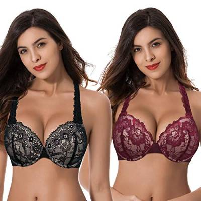 Curve Muse Damen Übergröße Fügen Sie 1 und eine halbe Tasse hinzu Hochdrücken Bügel Cabrio Spitzen-BHs-2er Pack-Schwarz,Burgund-85F von Curve Muse