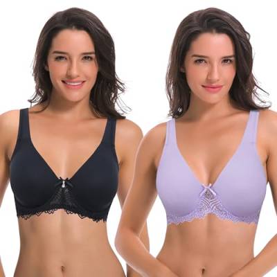 Curve Muse Damen Ungefüttert Bügel Spitze BH mit Gepolstert Schulter Gurte - 2er Pack-Schwarz, Mauve-95B von Curve Muse