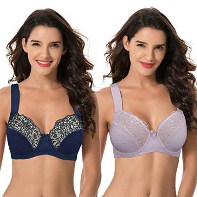 Curve Muse Übergröße Ungefüttert Bügel Spitzen-BH mit gepolsterten Schultergurten-2er Pack-Marine, Lila -85E von Curve Muse