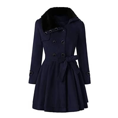 Winter Mantel für Damen Lang Wollmantel Damen Warm Wolle Erbsenmantel Trenchcoat mit Gürtel und Zweireiher Revers Fleecejacke gefütterte Winterjacke Übergangsjacke Wintermantel (A-Marine,XXL) von Cuteboom