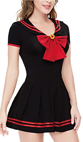 CutiePlusU Knopf im Schritt Onesie Erwachsene Baumwolle Strampler Bodysuit Cosplay Magical Sailor Kostüme Rock Set RedBlack S von CutiePlusU