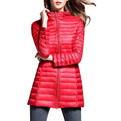 DAIHAN Leichte Daunenjacke Damen Lang Leichter Daunenmantel Steppjacke mit Kapuze Steppmantel Übergangsjacke Stepp Jacke Winterjacke Parka,Rot,L von DAIHAN