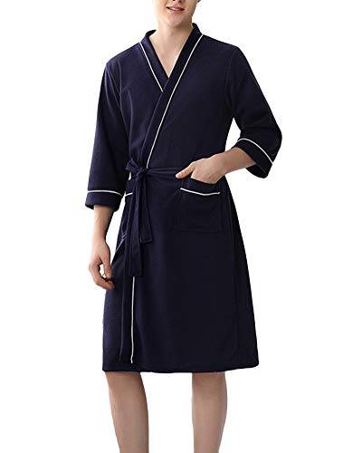 DAIHAN Unisex Morgenmantel Kurz Kimono Herbst-Winter-Nachtwäsche Bademantel Leicht Mantel Morgenmantel V Kragen Saunamantel mit Tasche Und Gürtel für Damen Und Herren,Marine-Männer,XXL-3XL von DAIHAN