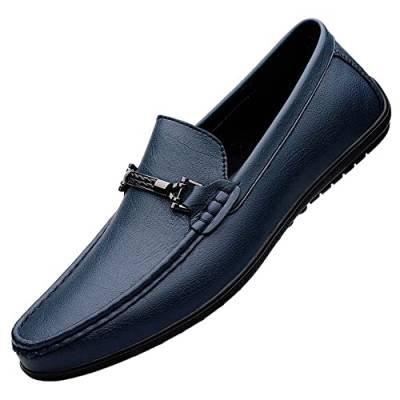 DAVBIR Smoking-Loafer für Herren, Penny-Loafer, einfarbig, leichtes Leder, beständig, rutschfest, leicht, lässig, für Hineinschlüpfen (Color : Blau, Size : 44.5 EU) von DAVBIR