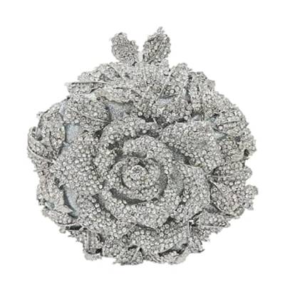 DBromanticArt Strass Silber Abendhandtasche Blumendiamant runde Form Umhängetasche für Damen, Hochzeitsfeier Clutch Geldbörse von DBromanticArt