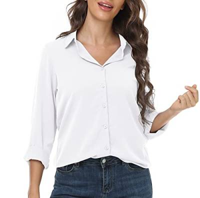 DEARCASE Damen Casual Button Down Hemd V-Ausschnitt Chiffon Langarm Büro Blusen Damen Loose Fit Sommer Tops, Small White von DEARCASE