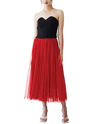 DEBAIJIA Damen Chiffon Maxirock Sommer Floral Gedruckt Tragevarianten Damen Elegant Hohe Taille Lange Röcke Kleid (Rot von DEBAIJIA