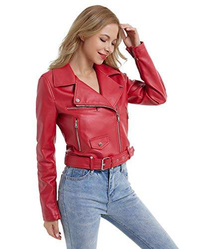 DIASHINY Rote Kunstlederjacke für Frauen mit Gürtel PU Cropped Moto Biker Coat Motorrad Crop Short Jacket 036 S von DIASHINY