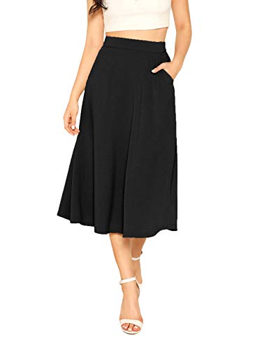 DIDK Damen Röcke Elegant Midirock A Linie Faltenrock Hohe Taille Retro Swing Rock mit Taschen Einfarbig Ausgestellt Locker Skirt Schwarz XS von DIDK