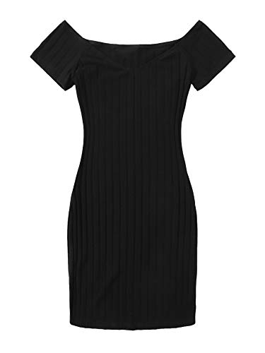 DIDK Damen Schulterfrei Kleider Bodycon Minikleid figurbetontes Kleid Kurzarm Sommerkleid Strick Bleistiftkleid Schwarz M von DIDK