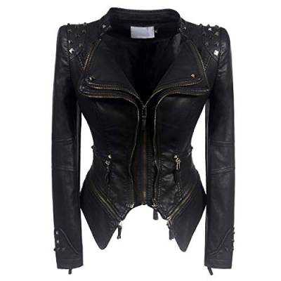 DISSA Damen Schwarz Lederjacke Kunstleder Bikerjacke mit Reißverschluss,P603,3XL von DISSA