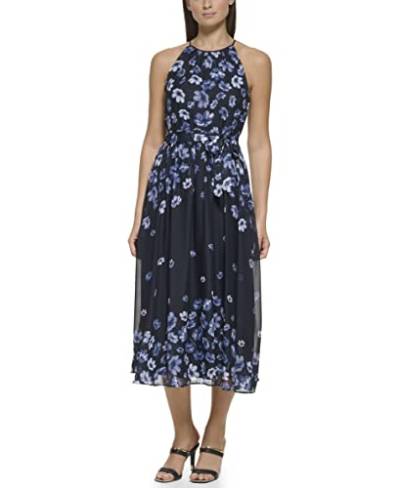 DKNY Women's Floral Print Halter Neck Sleeveless Tie Waist Fit&Flare Chiffon Midi Dress, Navy Multi, 42 von DKNY