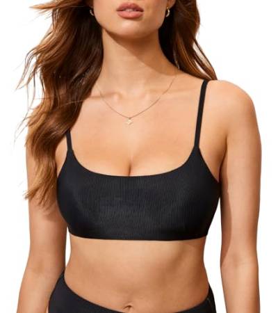 DOBRAVA Damen Bikini Oberteil Badeanzug U-Ausschnitt Sexy String Ribbed Gepolsterte Crop Top Tango Schwarz 36 von DOBREVA