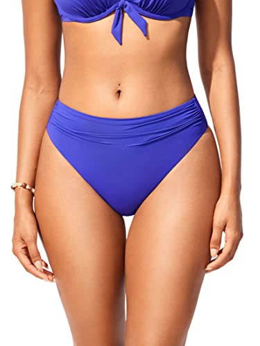 DOBREVA Damen Hoch Taillierte Bikinihose mit Gerüschter Optik Bauchweg Retro Hoher Schnitt Badeanzug Unterteil Milky Way Purple 42 von DOBREVA