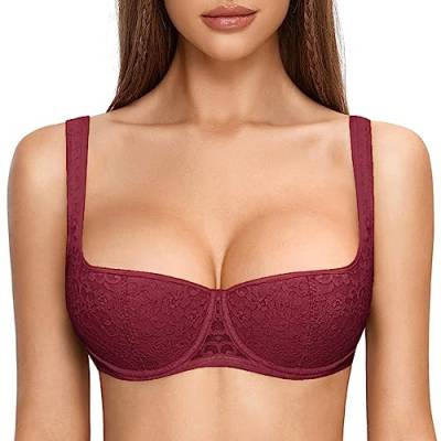 DOBREVA Damen Push Up BH Dirndl Bügel Balconette Spitzen BH Sexy Leicht Gepolstert Große Größen Dunkelrot 75B von DOBREVA