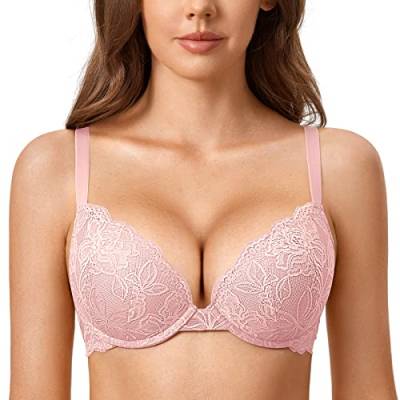 DOBREVA Damen Push Up BH Mit Spitze Gepolstert Plunge Bügel Vollschalen BHS Gemoldete Cups Nacktes Rosa 90A von DOBREVA