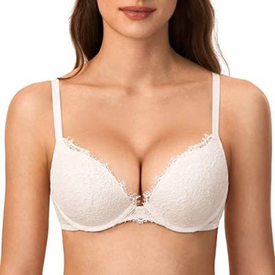 DOBREVA Damen Push Up BH mit Blumen Wimpern Spitze Sexy Bügel BHS Gepolstert Kokosnuss Weiß 85A von DOBREVA