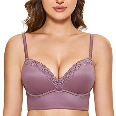 DOBREVA Damen Push Up BH ohne Bügel Soft Gepolstert Bügelloser Bustier mit Spitze Orchideenrose 90B von DOBREVA