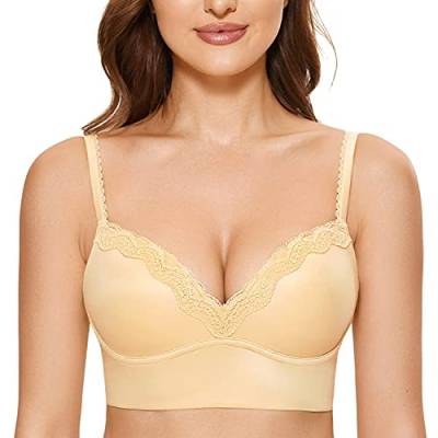 DOBREVA Damen Push Up BH ohne Bügel Soft Gepolstert Bügelloser Bustier mit Spitze Sonnenlicht 85B von DOBREVA