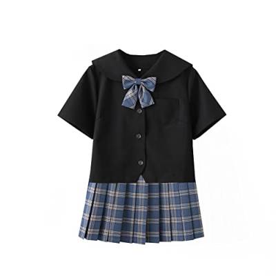 Damen Mädchen JK Uniform Anzug Japanische Schuluniform Hohe Taille Kurzer Plaid Faltenrock und Schwarzes Hemd mit Wadensocken,44 von DRGE