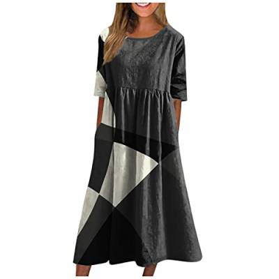 DRILEND Langes Enges Kleid Damen, Sexy Kleid Damen Ballkleider Lang Damen Mode Casual Sommer Bedruckte Kurze Ärmel Lockeres Kleid Mit Taschen Strandkleider Damen Sommer Kleider Wensday (Schwarz,XL) von DRILEND