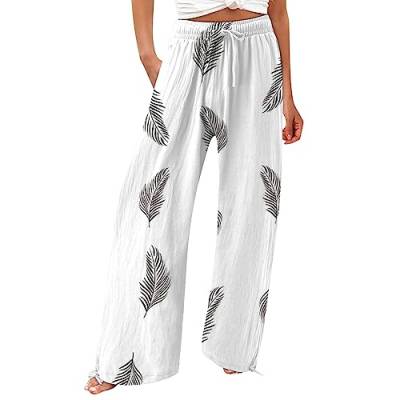 Hose Mit Weitem Bein Damen, Culottes Damen Wanderhose Leicht Sommerhose 7/8 Damen Casual Loose High Waist Cotton Linen Wide Leg Long Hosen Mit Taschen Hosenrock Mädchen Schlafanzughosen (Weiß,M) von DRILEND