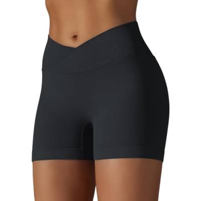 DUROFIT Sport Shorts Damen V Cross Sporthose High Waisted Booty Scrunch Butt Crossover Shorts Nahtlos Gym Shorts Leggings Kurze für Yoga Fitness Lauf Schwarz S von DUROFIT