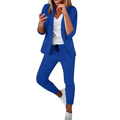 Damen Hosenanzug Zweiteiler Elegant Business Anzug Set 2-Teiliges Revers Büro Blazer und Hohe Taille Hose Slimfit Festlich Sportlich Streetwear Outfit Herbst Anzugjacke und Anzughosen (T1 Blau, XXL) von Dantazz