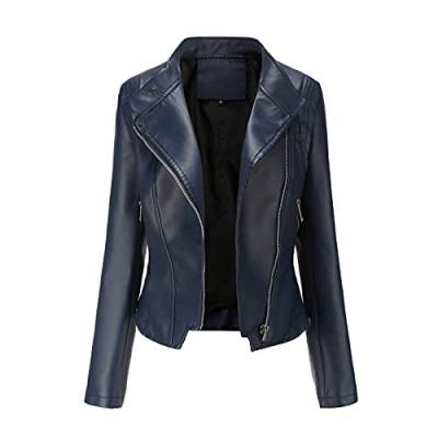 Dantazz Lederjacke Damen Bomberjacke Wasserdicht Motorradjacke Kunstlederjacke mit Reißverschluss Retro Kurz Jacke Biker-Style Lederbluse Winddicht Jacke Einfarbig Übergangsjacke (Marine, XXL) von Dantazz