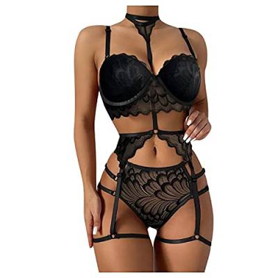 Dasongff Erotische Dessous-Set Damen Reizwäsche 3-TGL Erotik Strapse Set Unterwäsche Sexy Bodysuit Spitze BH und Slip Negligee Strumpfband für Damen Triangel BH Unterwäsche Bralette Panty von Dasongff