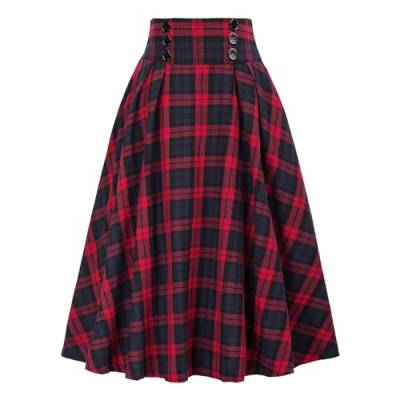 DayaEmmoTQ Damen Lang Vintage Elegante Winterrock A-Linie Hohe Taille Midirock Faltenröcke Casual Elastische Unterrock Röcke Tellerrock Herbst Schottischer Rock Großen Swing Rock (Red, XL) von DayaEmmoTQ