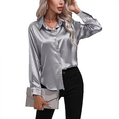 Daysskk Satin Bluse Damen Grau V-Ausschnitt Bluse Damen Elegant Langarm Oberteil Damen Elegant Seide Blusen Buissenes Damen Elegant L von Daysskk