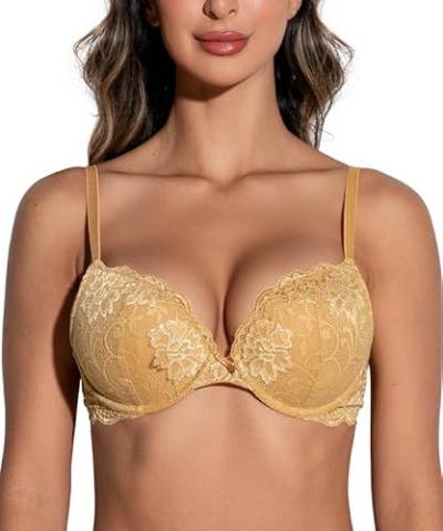 Deyllo BH Damen mit Bügel,Push up BH,Dirndl BH Blumen Spitze Schalen Bügel BH Gepolstert Elegant(Goldene,75C) von Deyllo