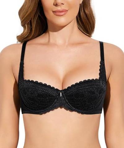 Deyllo Push up BH Damen mit Bügel Spitzen Balconette Dirndl BH Comfy Schalen Lingerie Sexy Demi Cup Schwarz 85D von Deyllo