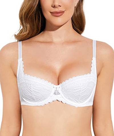 Deyllo Push up BH Damen mit Bügel Spitzen Balconette Dirndl BH Comfy Schalen Lingerie Sexy Demi Cup Weiß 80C von Deyllo