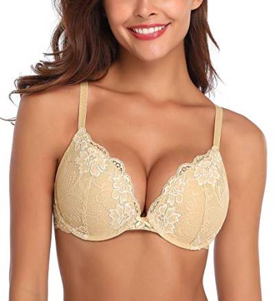 Deyllo Damen Push Up BH mit Blumen Spitze Behalen Bügel BH Gepolstert Elegant(Beige,80C) von Deyllo