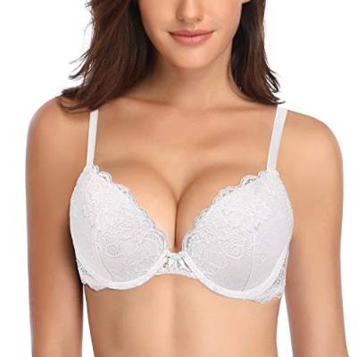 Deyllo Damen Push Up BH mit Blumen Spitze Behalen Bügel BH Gepolstert Elegant(Weiß,70B) von Deyllo