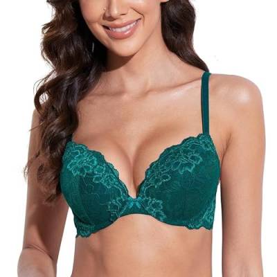 Deyllo Damen Push Up BH mit Blumen Spitze Schalen Bügel BH Gepolstert Elegant(Grün,75A) von Deyllo