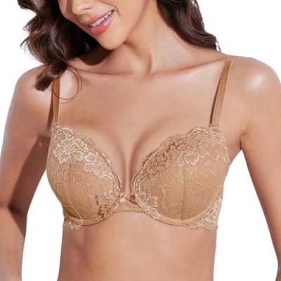 Deyllo Damen Push Up BH mit Blumen Spitze Schalen Bügel BH Gepolstert Elegant(Kamel,70C) von Deyllo