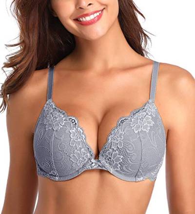 Deyllo Damen Push Up BH mit Blumen Spitze Schalen Bügel BH Gepolstert Elegant(Silbergrau,70D) von Deyllo