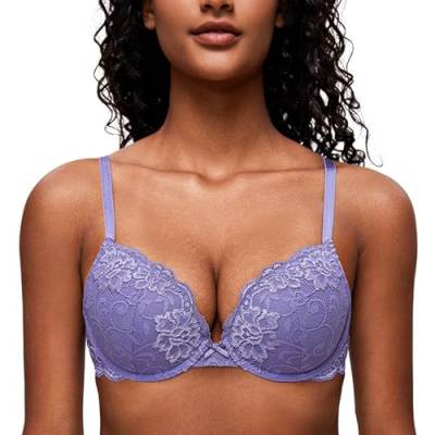 Deyllo Damen Push Up BH mit Blumen Spitze Schalen Bügel BH Gepolstert Elegant Helllila 75E/34DD von Deyllo