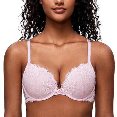 Deyllo Damen Push Up BH mit Blumen Spitze Schalen Bügel BH Gepolstert Elegant Hellrosa 70F/32DDD von Deyllo