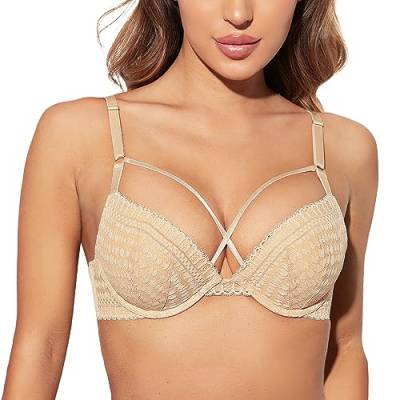 Deyllo Damen Push-Up BH mit Spitze, Gepolsterter Bügel-BH mit Lift-Effekt, zusätzlicher Cup-Größe und Zwei-Reihen-Hakenverschluss von Deyllo