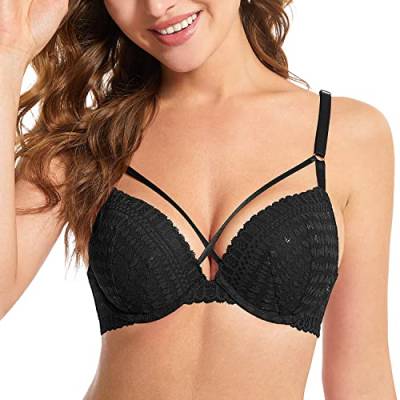 Deyllo Damen Push-Up BH mit Spitze, Gepolsterter Bügel-BH mit Lift-Effekt, zusätzlicher Cup-Größe und Zwei-Reihen-Hakenverschluss von Deyllo